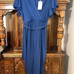 Grace Karin Navy faux Wrap Midi Dress with Waist Tie NEW!